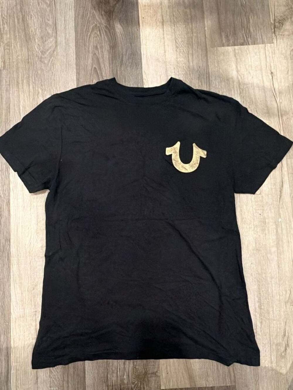 True Religion T-Shirt Size Large Black Gold Foil Horseshoe Logo